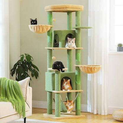 71.2" Large Cat Tree for Multi-Cat Households - 9-Level Cat Tower w/5 Sisal Scratching Posts, 2 Condos, Soft Hammock, Top Perch &amp; Pom Poms - Heavy-Duty Space-Saving Design, Cactus Green