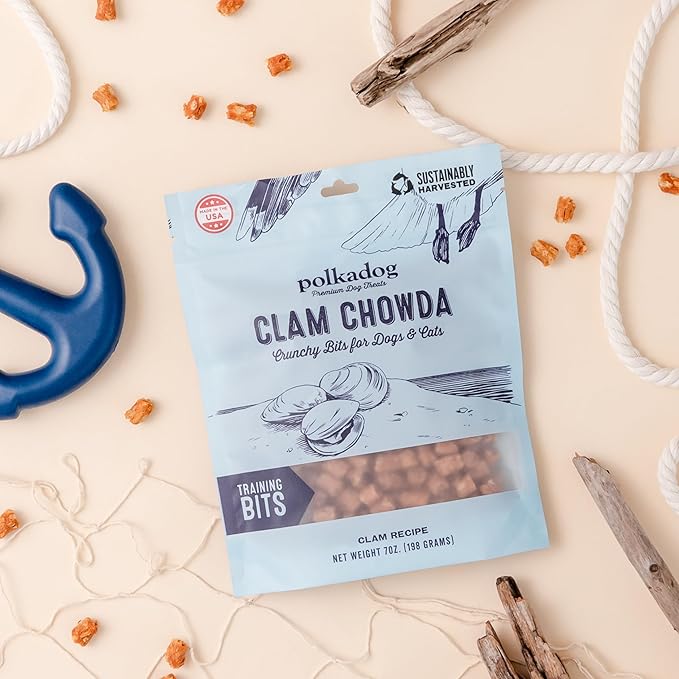 Polkadog Clam Chowda Crunchy Training Bits – All Natural, Limited Ingredient Healthy Training Treats for Dogs. Handcrafted &amp; Made in USA. Made with Atlantic Quahogs, High in Omega-3 – 7oz