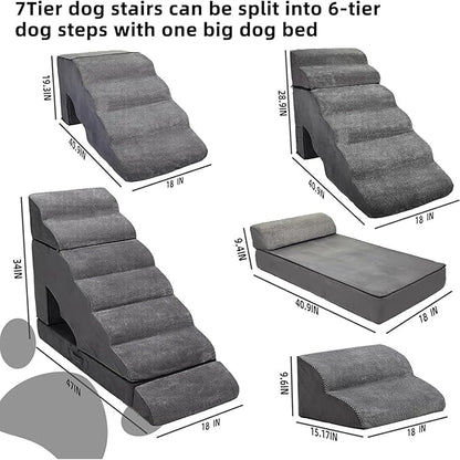 Foam Dog Stairs &amp; Steps Ramps for High Beds 30-36 inches High Tall Large Dogs, LitaiL 7 Step Pet Stairs Steps for High Beds 30 inch Small Dogs, Non-Slip Dog Ramps for Bed