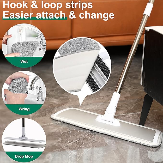 18" Professional Microfiber Mop Floor Cleaning System, Flat Mops with Stainless Steel Handle, 4 Reusable Washable Mop Pads, Wet and Dust Mopping for Hardwood, Vinyl, Laminate (White&amp;Grey)