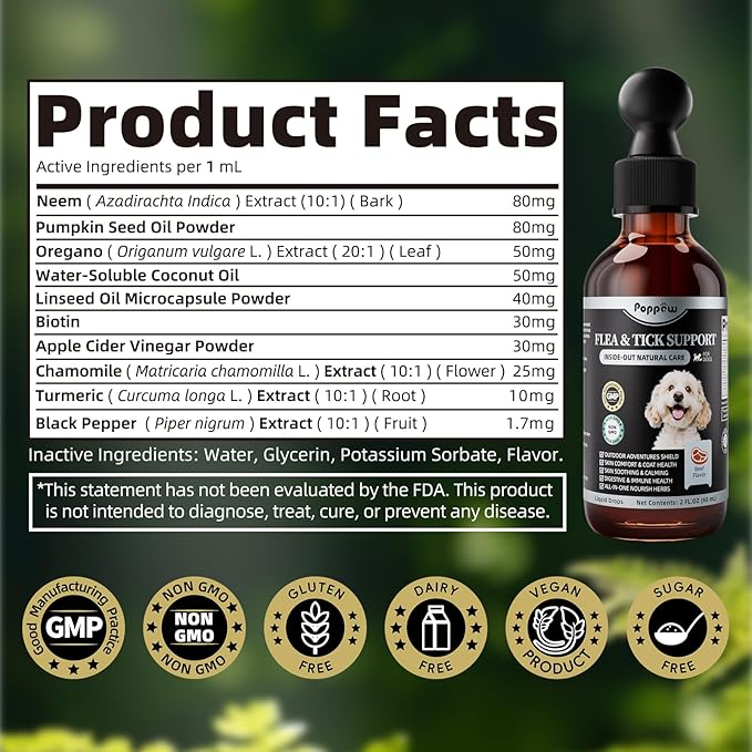 Dog Flea and Tick Support, Natural Herbal Flea &amp; Tick Comfort for Dogs, Flea Liquid Drops Supplement for Dogs with Neem, Oregano, Pumpkin Seed Oil - Beef Flavor, 2 FL.Oz - All Breeds &amp; Sizes
