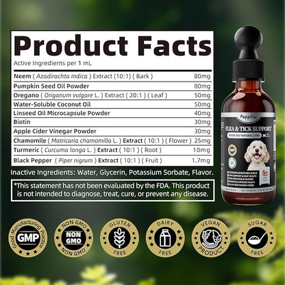 Dog Flea and Tick Support, Natural Herbal Flea &amp; Tick Comfort for Dogs, Flea Liquid Drops Supplement for Dogs with Neem, Oregano, Pumpkin Seed Oil - Beef Flavor, 2 FL.Oz - All Breeds &amp; Sizes