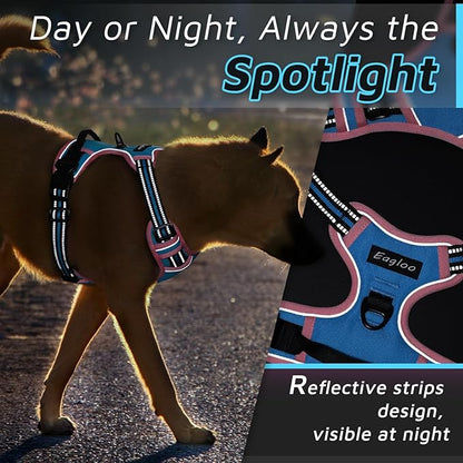 Eagloo Dog Harness for Large Dogs, No Pull Service Vest with Reflective Strips and Control Handle, Adjustable and Comfortable for Walking, No Choke Pet Harness with 2 Metal Rings, Pink &amp; Blue, XL