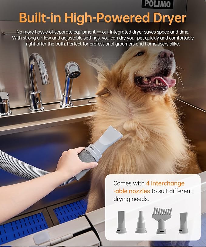 polimo Dog Wash Station with Pet Dryer &amp; LED, Professional Dog Bathing Station for Large, Medium &amp; Small Dogs – with Window, Ramp, Drawer, Floor Grate, LED Display &amp; Faucet (Left RAMP &amp; Dryer, 61")