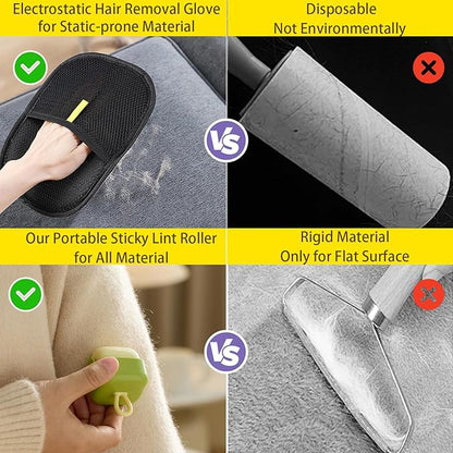 Pet Hair Removal Glove for Cats Dogs, Reusable Electrostatic Gloves Pet Hair Remover Mitt Easy Scrape Pet Hair from Cloth, Rugs, Cat Bed, Car Trunk(1 PC Glove &amp;1 PC Lint Roller)