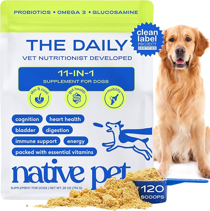 Native Pet Dog Vitamins &amp; Supplements - 11-in-1 Multivitamin Powder for Dogs Food Topper - Collagen, Glucosamine, Probiotics, Omega &amp; More- Supports Healthy Gut, Mobility &amp; Overall Health -120 Scoops