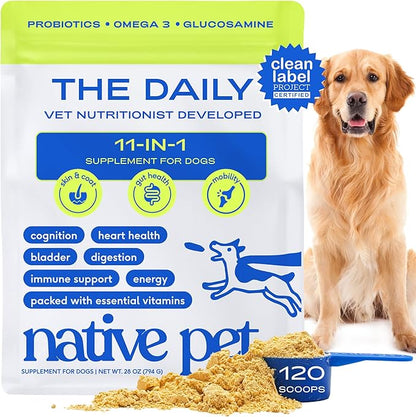 Native Pet Dog Vitamins &amp; Supplements - 11-in-1 Multivitamin Powder for Dogs Food Topper - Collagen, Glucosamine, Probiotics, Omega &amp; More- Supports Healthy Gut, Mobility &amp; Overall Health -120 Scoops