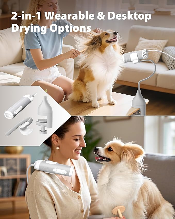 L&amp;W BROS. 2-in-1 Pet Hair Dryer with Clamp Stand – Wearable &amp; Hands-Free Dog Grooming Dryer, 950W Low Noise Blower with 5 Heat &amp; 3 Speed Settings, for Small to Medium Pets (gray)