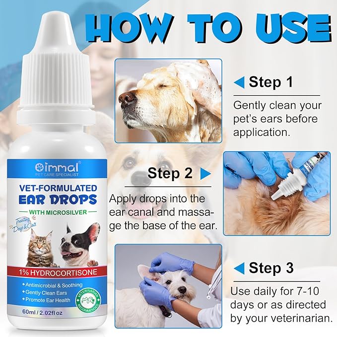 Ear Infection Treatment Drops for Dogs and Cats, Pets Ear Cleaning Solution Drops with 1% Hydrocortisone Soothing Dog Yeast Infection, Itchy Ear Relief, Pet Ear Care Supplies for Dogs &amp; Cats - 2 fl oz