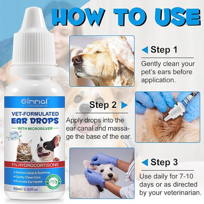 Ear Infection Treatment Drops for Dogs and Cats, Pets Ear Cleaning Solution Drops with 1% Hydrocortisone Soothing Dog Yeast Infection, Itchy Ear Relief, Pet Ear Care Supplies for Dogs &amp; Cats - 2 fl oz