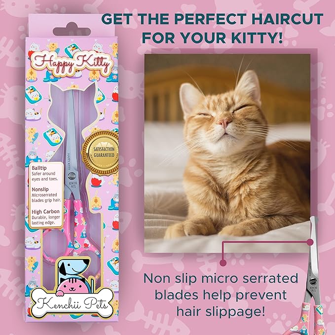 Kenchii Happy Kitty Ball Tip Shears Trimming Scissors for Cats | Pet Grooming Kitten Essentials | Stainless Steel Safety Blunt Tip Scissors | 5.5 In