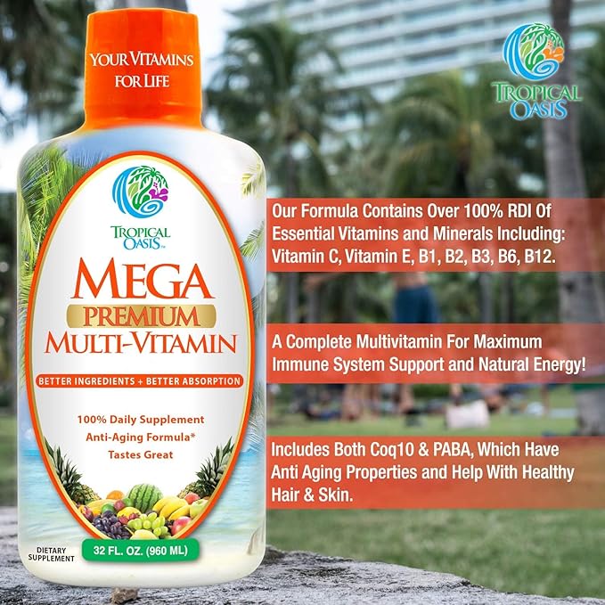 Mega Premium Liquid Multivitamin | Natural Immune Support Vitamin w/ 1333% Vitamin C, 200% D3, Zinc + 20 Vitamins, 70 Minerals, &amp; 21 Amino Acids | Sugar Free | Orange Flavor | 98% Absorption | 32 Serv