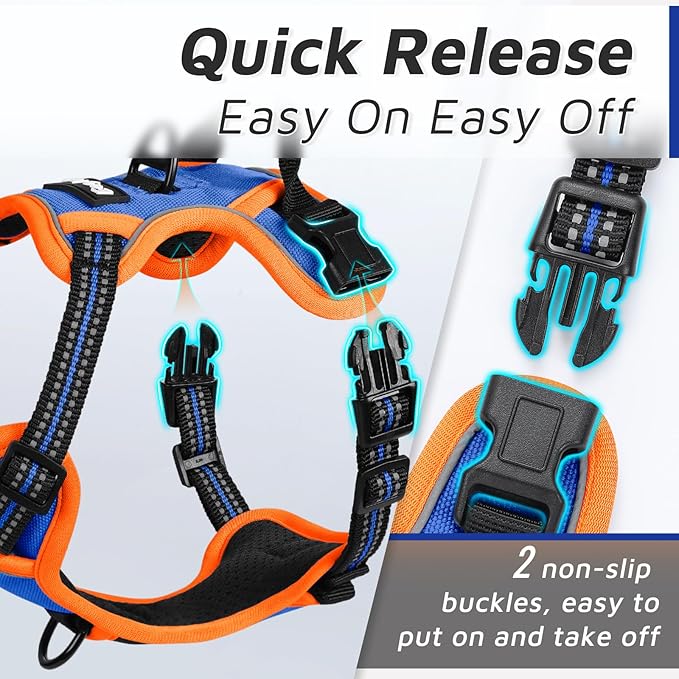 Eagloo Small Dog Harness No Pull, Service Vest with Reflective Strips and Control Handle, Adjustable and Comfortable for Walking, No Choke Pet Harness with 2 Metal Rings, Blue &amp; Orange, XS