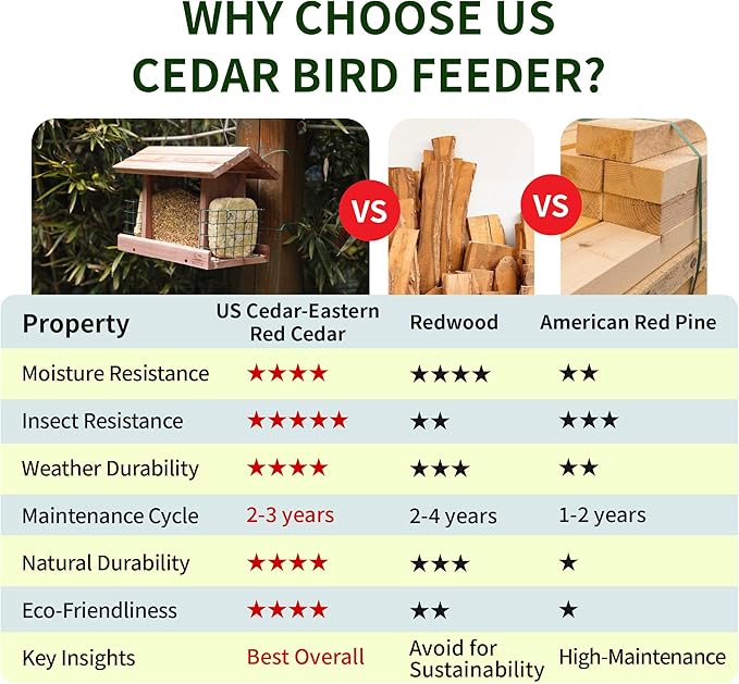 Solution4Patio US Cedar Hopper Bird Feeder for Outdoors Hanging, Handcrafted Wood Double Suet Cage &amp; Clear View Windows, Squirrel-Proof Wild Bird Feeder for Cardinals, Finches, Chickadees
