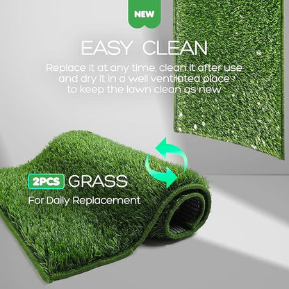 Dog Grass Pad with Tray, 31×21in Medium Litter Box, 2×Grass Pad for Dogs Potty Washable, Thick Soft Odor-Free Hemmed Dog Pee Grass, Indoor Potty Training Balcony