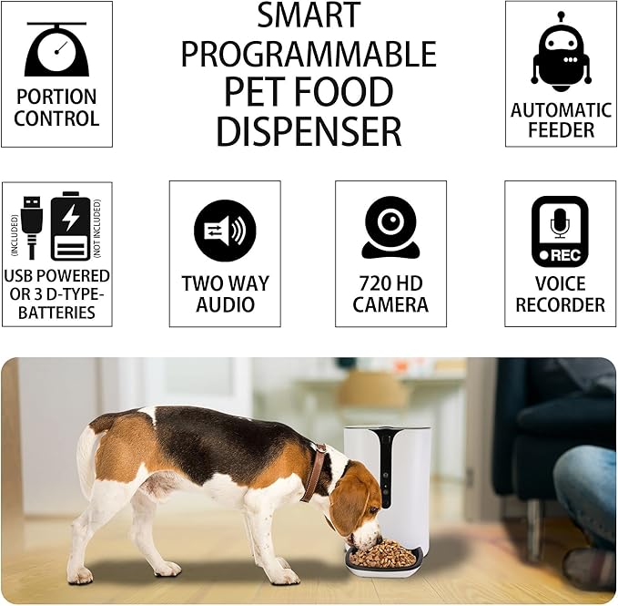 Lentek Smart Pet Feeder - Auto Dry Feeding Dispenser for Cat &amp; Dogs with 720p HD Camera &amp; Timer, Alimentador, Programmable, WiFi, Smartphone Control, Automated Portion Controlled, 10 Oz Capacity