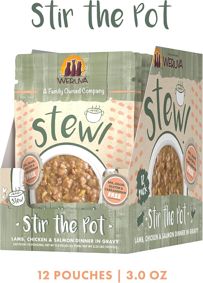 Weruva Classic Cat Stews!, Stir The Pot with Lamb, Chicken &amp; Salmon in Gravy, 3oz Pouch (Pack of 12)