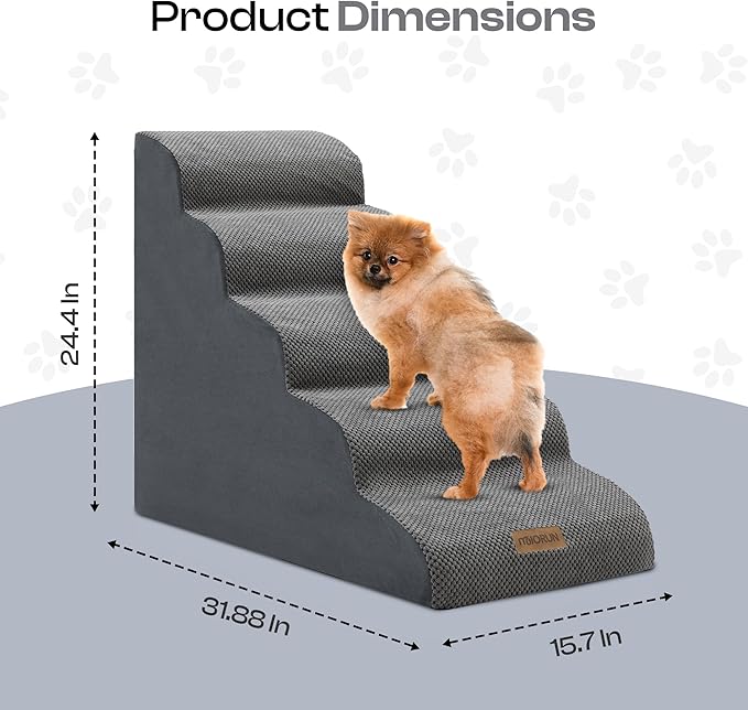 5-Step Curved Dog Stairs for High Beds Up to 30", Non-Slip Foam Pet Ramp for Large Dogs and Cats, Washable Cover, Soft Climbing Steps for Couch &amp; Sofa