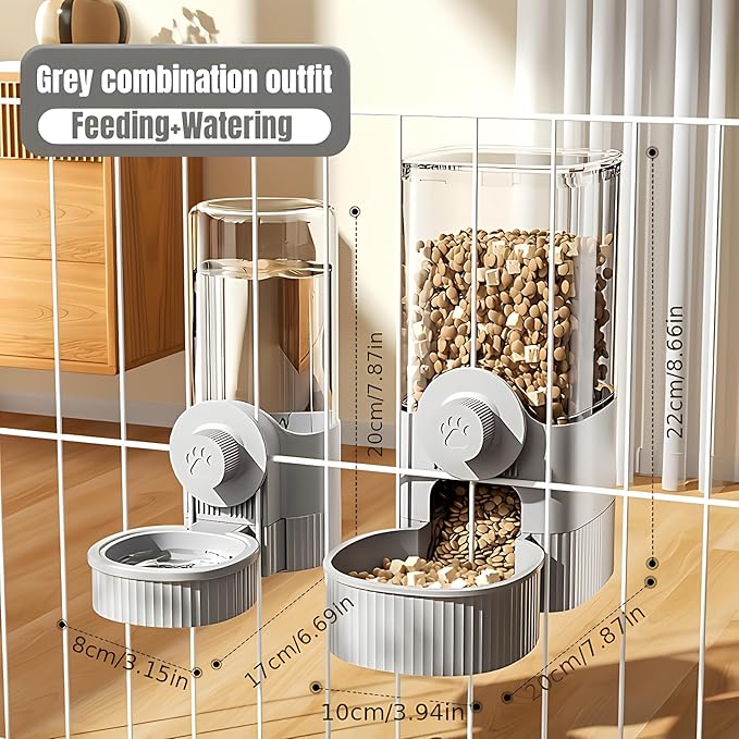 GPY Automatic Hanging Gravity Pet Feeder and Water Dispenser Set ，Automatic Dog Feeder and Dog Water Dispenser for Dogs Cats Pets Animals Large Capacity (Blue Water Feeder&amp;Food Feeder) (Grey)