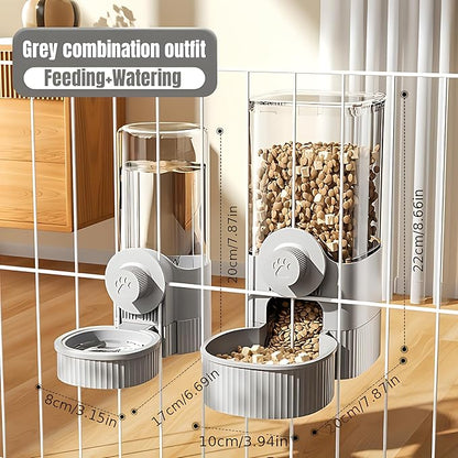 GPY Automatic Hanging Gravity Pet Feeder and Water Dispenser Set ，Automatic Dog Feeder and Dog Water Dispenser for Dogs Cats Pets Animals Large Capacity (Blue Water Feeder&amp;Food Feeder) (Grey)