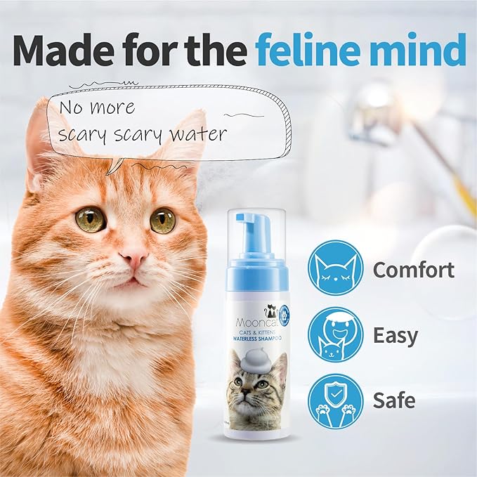 Mooncat Waterless Cat Shampoo, 100% Licking Safe &amp; Vet Approved No Rinse Dry Bath Foam - Gentle Deodorizer for Short Haired Cats, Seniors &amp; Kittens - Soothes Sensitive Skin, Reduces Dander &amp; Odor