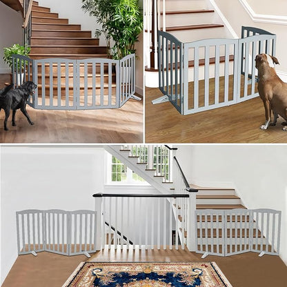 ZJSF Foldable Freestanding Indoor Dog Gate for House Wood Long Pet Gates Dog Fence for Stairs Puppy Gates for Hallways, Puppy Gate,Support Feet Included, Grey, 24 "Height-3 Panels