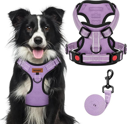 MIDOG No-Pull Dog Harness | Adjustable &amp; Reflective Pet Harness Leash Set for Small Medium Large Dogs Walking, Training| No Choke, Front Clip, Soft Padded Vest with Easy Control Handle - Purple, XL