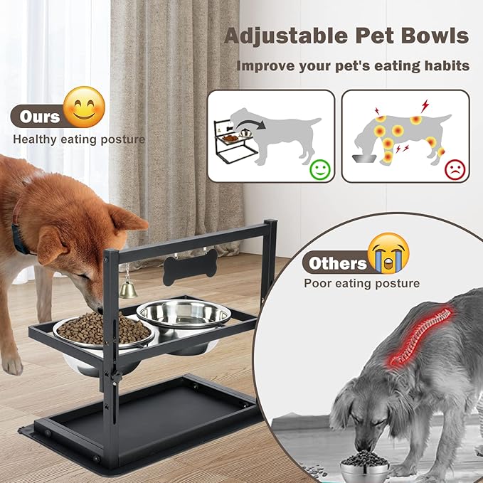 Elevated Dog Bowls with Slow Feeder for Large Dogs – Adjustable Raised Stand with 2 Stainless Steel Bowls &amp; Spill-Proof Mat, Non-Slip Dog Feeder for Large &amp; Medium Dogs (Black)