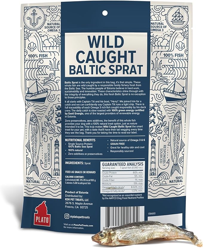 PLATO Pet Treats Fish Dog Treats - Air-Dried, Single Ingredient Dog Treat - with Omega 3 &amp; 6 Fatty Acids to Support Skin and Coat - 100% Whole Fish - Wild Caught Baltic Sprat Dog Treats - 7.5 oz