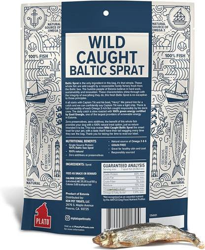 PLATO Pet Treats Fish Dog Treats - Air-Dried, Single Ingredient Dog Treat - with Omega 3 &amp; 6 Fatty Acids to Support Skin and Coat - 100% Whole Fish - Wild Caught Baltic Sprat Dog Treats - 7.5 oz