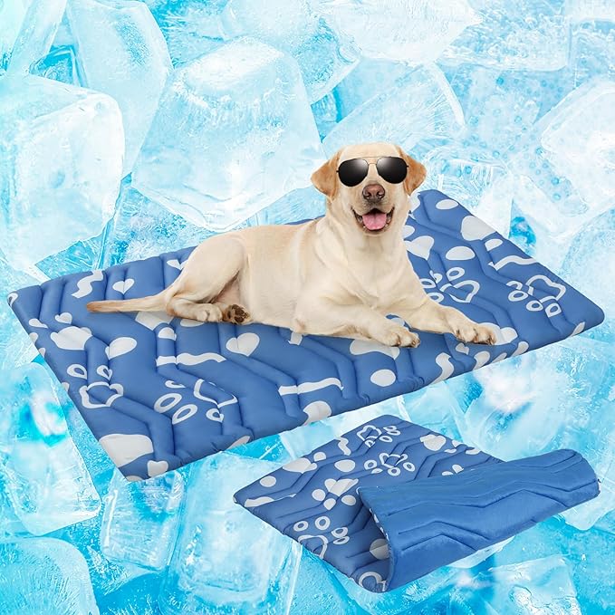 BEAUTYZOO Dog Cooling Mat- Upgraded Thicken Cooling Mat for Large Dogs Reversible(Cool &amp; Warm) Pet Ice Cool Bed Washable &amp; Portable, Summer Crate Pad for Big Dog Puppy Up to 100 lbs, Paw Blue 59X40IN