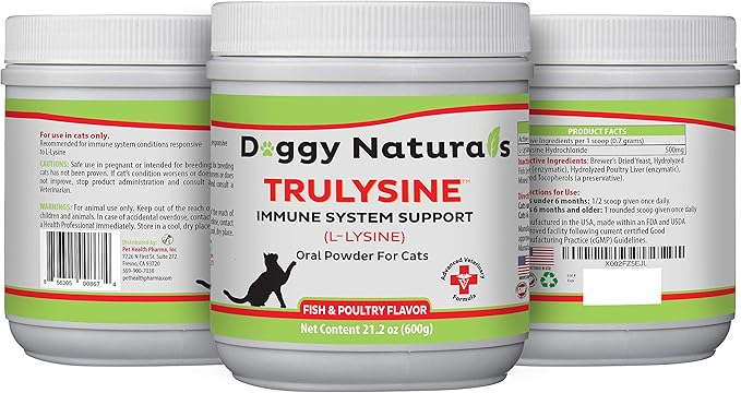 Trulysine L-Lysine for Cats Immune Support Oral Powder 21.2oz/600g - Cats &amp; Kittens of All Age, Sneezing, Runny Nose Squinting, Watery Eyes-Fish &amp; Poultry Flavor (U.S.A)(600 Grams (500mg / Scoop))