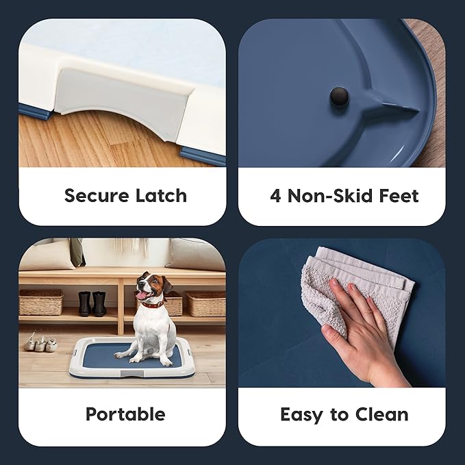 IRIS USA Pee Pad Holder - For Potty Training Regular Sized Dog &amp; Puppy Pee Pads, Secured Latches, Non-Skid Feet, Leak Protection, Fits 22"x22" Pad or Larger, Square, Navy