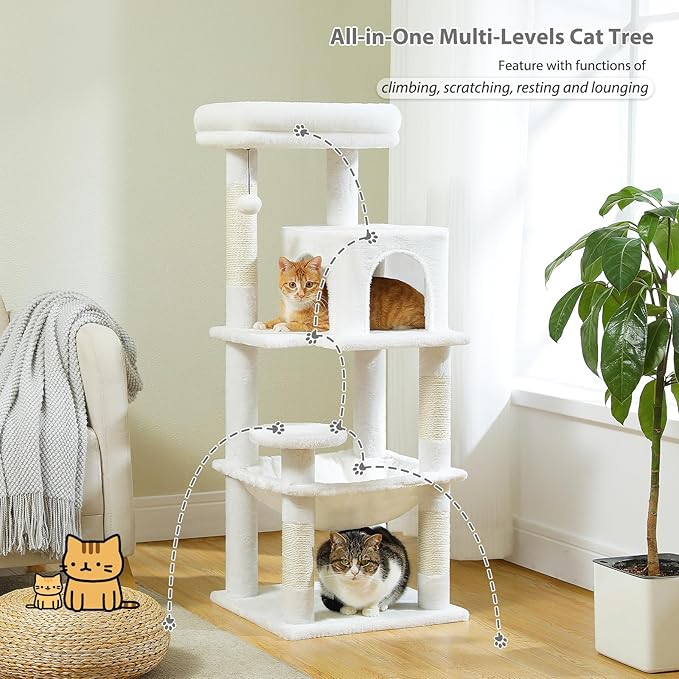 PETEPELA 45.7" Cat Tree for Large Cats, 5-Level Cat Tower for Indoor Cats with Large Hammock (17.3"x15.3"), Cat Condo with (18.5"x13") Big Top Perch &amp; 4 Sisal Covered Scratching Post, White
