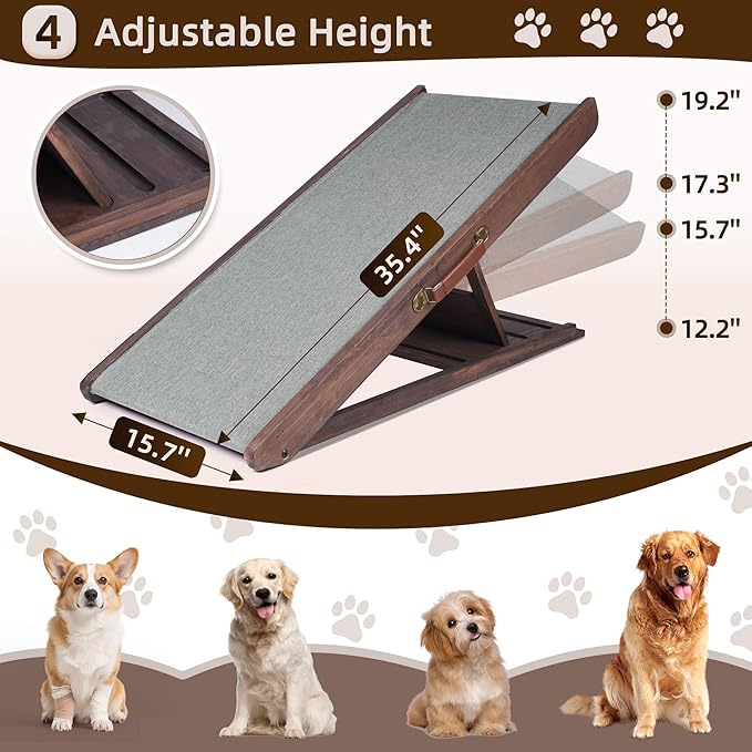 Folding Dog Ramp for Bed, Couch, Car, SUV &amp; RV - Adjustable 4 Heights (12.2"-19.2"), 35.4" Long Wooden Pet Ramp with Non-Slip Mat &amp; Safety Rails - Supports Pets up to 200 lbs