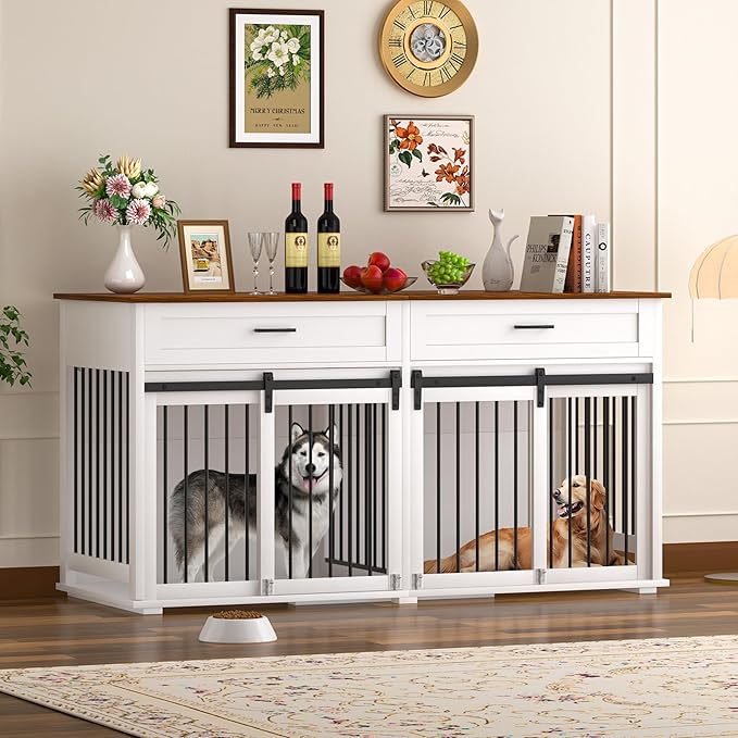 MUPATER 63" L x 23.6" W x 33.3" H Double Wooden Dog Cage Table with 2 Large Drawers &amp; Safety Locks, Large Dog Crate Furniture for 2 Dogs with Removable Divider, Decorative Indoor Dog Kennel Furniture