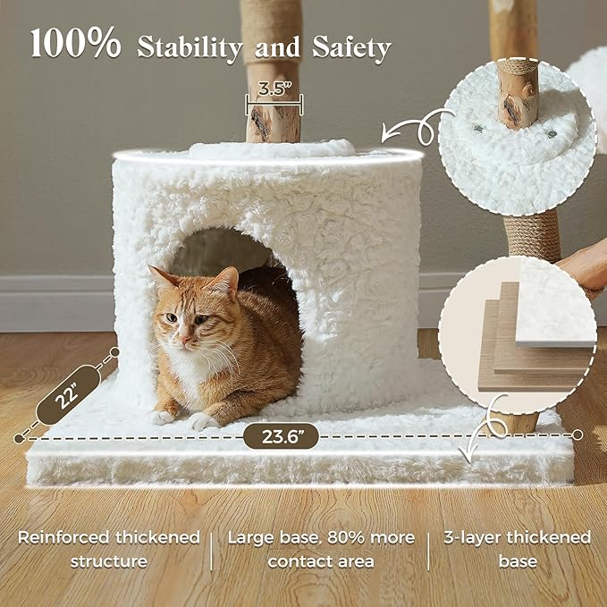 59" Modern Cat Tree Tower for Large Cats w/2 Flower Perches-Natural Solid Wood Scratching Post with Real Branch-Luxury Boho Cat Furniture w/Condo &amp; Wicker Basket Bed, Cloud White