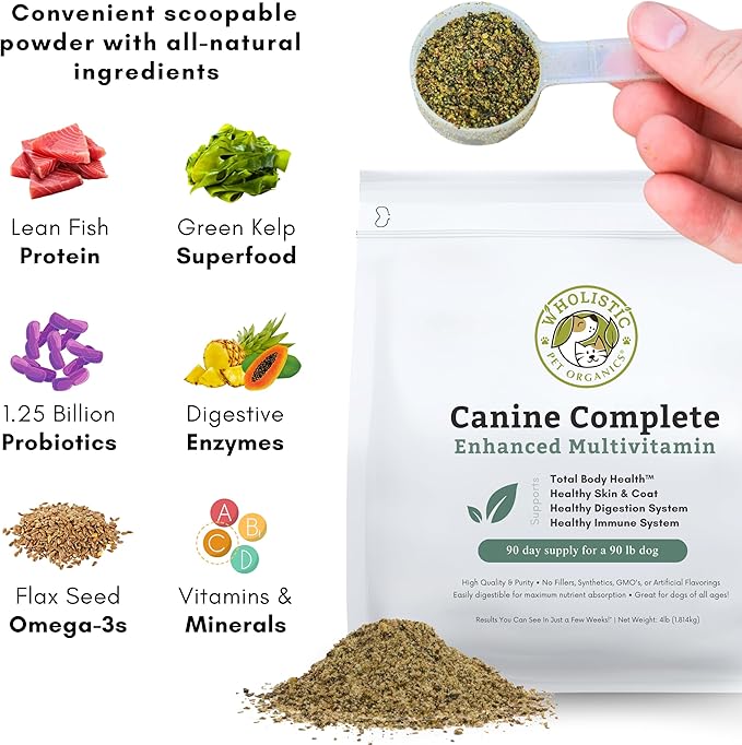 Wholistic Pet Organics Canine Complete - Dog Multivitamin Powder - 4 Lb - Daily Dog Vitamins and Supplements for Homemade Food - Immune System, Skin, Coat &amp; Overall Health - Small and Large Breed