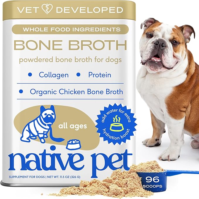 Native Pet Bone Broth for Dogs and Cats - Chicken Bone Broth Powder Dog Food Toppers for Picky Eaters - Provides Extra Nutrition for Joint Strength, Immune Support &amp; Heart Health - 96 Scoops