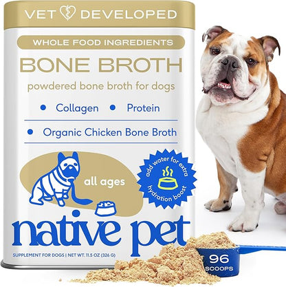 Native Pet Bone Broth for Dogs and Cats - Chicken Bone Broth Powder Dog Food Toppers for Picky Eaters - Provides Extra Nutrition for Joint Strength, Immune Support &amp; Heart Health - 96 Scoops