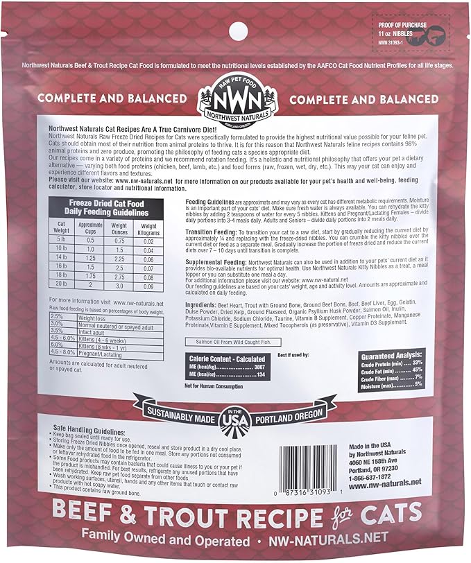 Northwest Naturals Freeze-Dried Beef &amp; Trout Cat &amp; Kitten Food, Bite-Sized Nibbles, Healthy, Limited, Human-Grade Ingredients, All-Natural, High-Protein Raw Diet, Complete &amp; Balanced, Grain-Free 11 oz