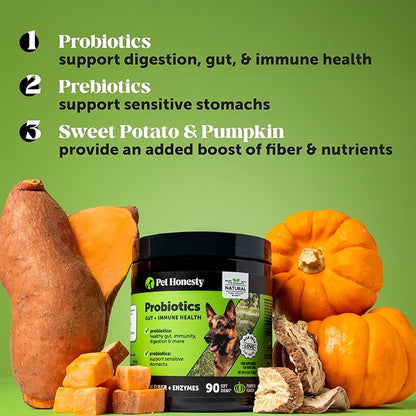 Probiotics for Dogs for Occasional Diarrhea &amp; Bowel Support, Digestive Enzymes with Prebiotics for Gut Health for Dogs, Immunity Health &amp; Itch Relief (Pumpkin 90 ct)