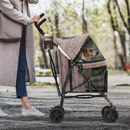 MoNiBloom 4 Wheels Pet Stroller, Easy-Fold Umbrella Shaped Dog Cat Jogger Stroller w/Storage Bag &amp; Visible Mesh for Small/Medium Dogs Cats Leopard Print