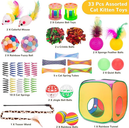 Retro Shaw 33Pcs Cat Toys for Large Cats, Interactive Kitten Toys for Indoor Cats Kitty with Collapsible Game Tunnel Tube Tent Feather Wand Teaser Bell Fuzzy Ball Springs Mouse Toys