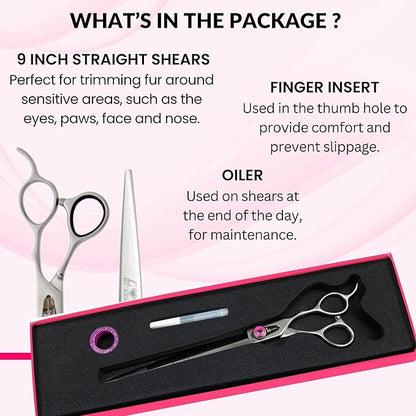 Kenchii Love Dog Grooming Scissors, 9 Inch Straight Shears, Dog Scissors for Grooming, Professional Pet Grooming Scissors, Heavy Duty, Durable and Sharp