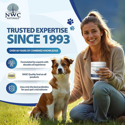 NWC Naturals Total-Biotics, Cat &amp; Dog Probiotics for Digestive Health with Prebiotic, Unflavored Probiotic for Dogs &amp; Cats, Supplement for Gut, Skin, Coat, Stomach Relief, 100 Servings, 2.22 Ounces