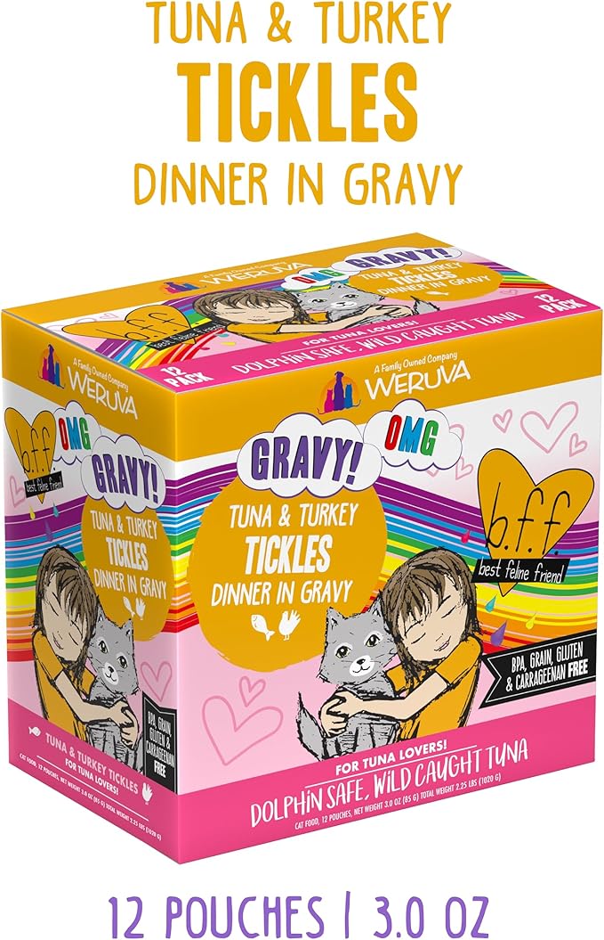 Weruva B.F.F. OMG - Best Feline Friend Oh My Gravy!, Tuna &amp; Turkey Tickles with Tuna &amp; Turkey in Gravy Cat Food, 3oz Pouch (Pack of 12)