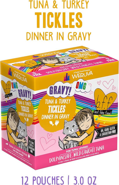 Weruva B.F.F. OMG - Best Feline Friend Oh My Gravy!, Tuna &amp; Turkey Tickles with Tuna &amp; Turkey in Gravy Cat Food, 3oz Pouch (Pack of 12)