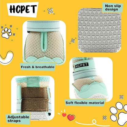Hcpet Dog Shoes for Large Dogs, Breathable Dog Booties for Small Medium Dogs, Anti-Slip Dog Boots &amp; Paw Protectors for Hot Pavement Winter Snow Hiking with Reflective Straps Green Size 4