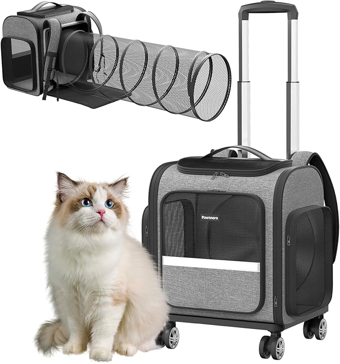 Rolling Cat Carrier with Wheels: Dog Carrier for Small Dogs &amp; Large Cats, Expandable Pet Carrier on Wheels with Cat Play Tunnel, Large Capacity, Breathable Mesh, Side Pocket, Grey